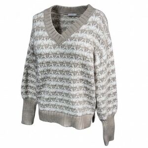 Kensie V-Neck Textured Knit Pullover Sweater Neutral Beige Cream Fall Women's S